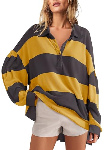 Panadila Womens Long Sleeve Striped Shirt Oversized Polo Shirts Casual V Neck T Shirt Loose Fit T... | Amazon (US)