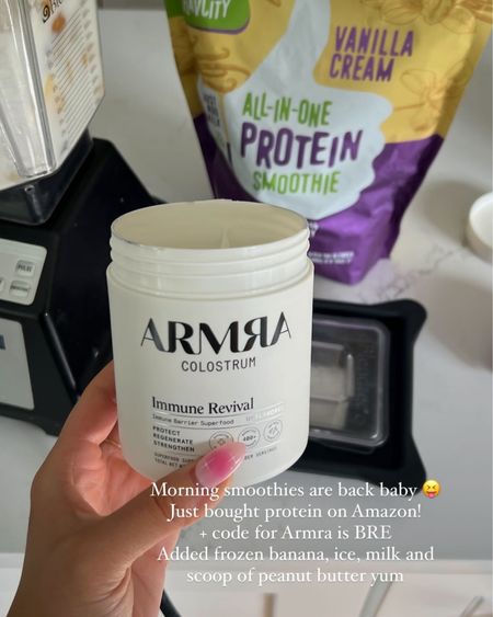 Add one scoop of protein and 3 scoops of Armra into my smoothie in the morning! 