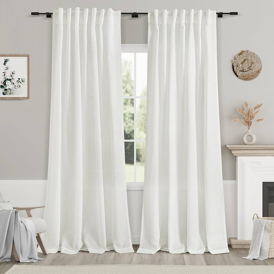 Ivory Semi Sheer Curtains 84 Inch Length 2 Panels Set Back Tab Pocket Flax Linen Cotton Textured ... | Amazon (US)