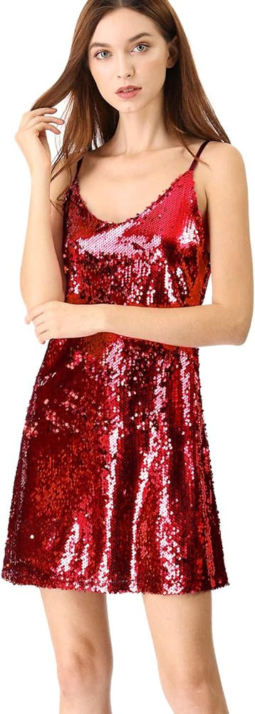 Allegra K Women's Glitter Sequin Dress Spaghetti Strap V Neck Party Cocktail Sparkly Mini Dress C... | Amazon (US)