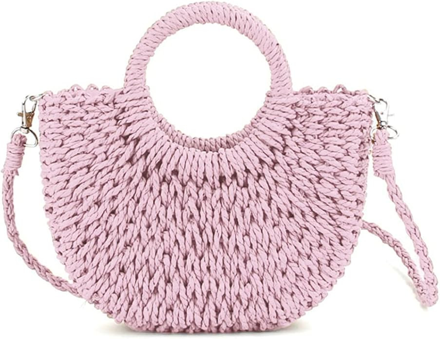 QTKJ Mini Semi-circle Rattan Straw Bag, Hand-woven Women Summer Retro Beach Tote Shoulder Bag Cro... | Amazon (US)