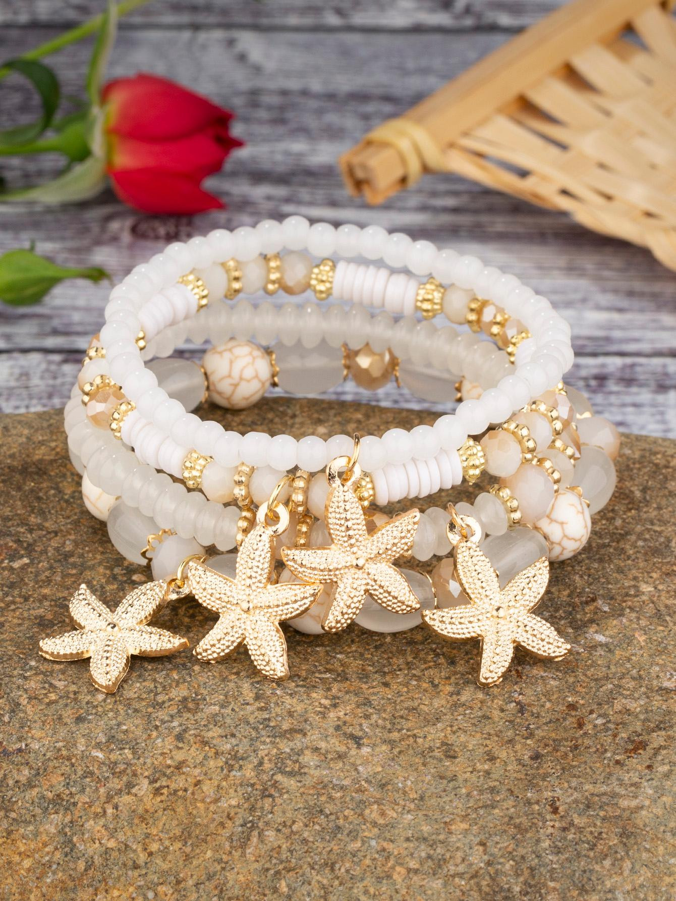 4pcs/set Starfish Charm Beaded Bracelet | SHEIN