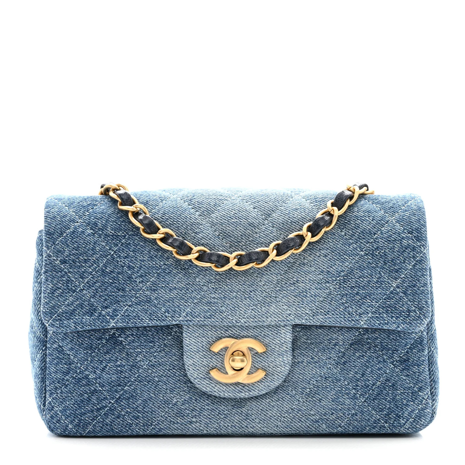 Washed Denim Quilted Mini Rectangular Flap Blue | FASHIONPHILE (US)