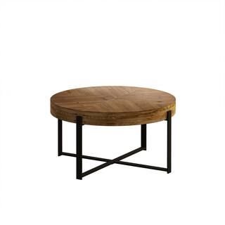 Sudzendf Modern Round Outdoor Coffee Table with Fir Wood Table Top and Black Metal Legs Base KIKI... | The Home Depot