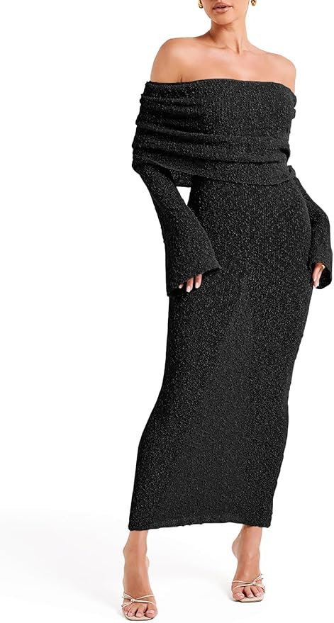 Saodimallsu Womens Off Shoulder Summer Maxi Dress Bell Long Sleeve Sexy Bodycon Strapless Sheer B... | Amazon (US)