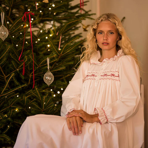 Nightingale Women's Dress Moonstone with Scarlet Bows Hand Smocking | Smock London Ltd