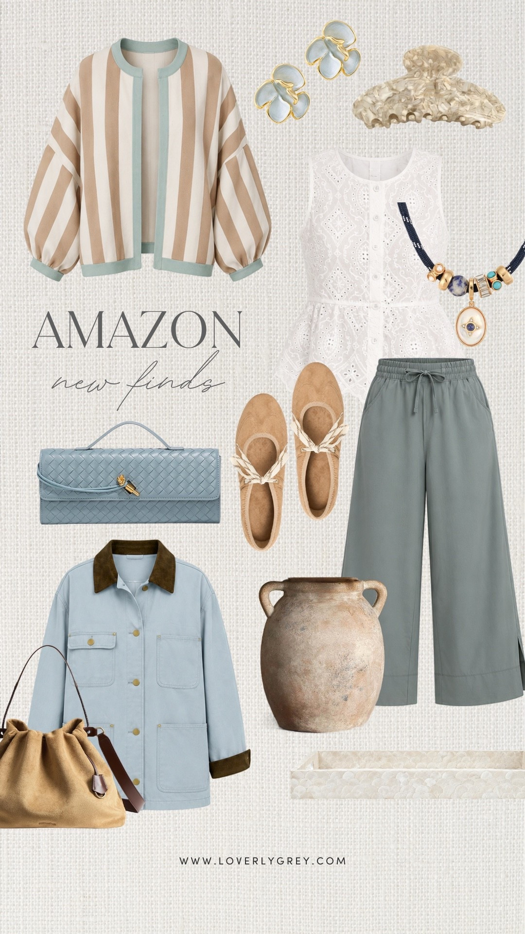 These softer blue and neutral Amazon fashion finds are so pretty for transitioning into fall! I love the striped jacket, eyelet set, wide-leg pants and blue woven bag, plus the little accessories make everything feel extra special. Such good Amazon fall fashion finds for women if you want pieces that feel feminine, polished and easy to mix into your closet.

#LTKootd #LTKSeasonal #LTKWorkwear