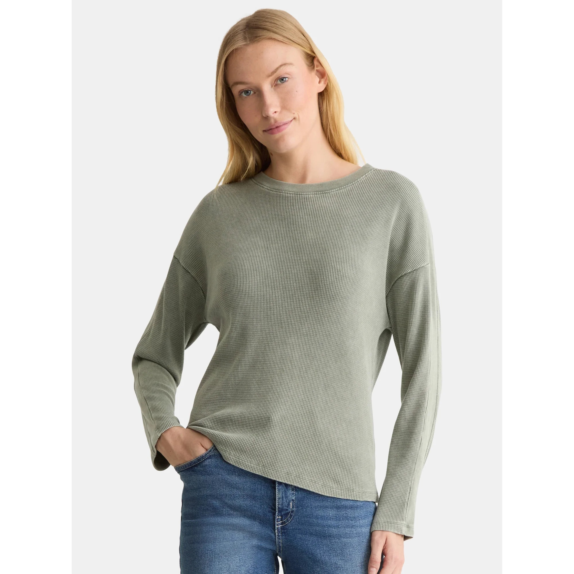 Time and Tru Women's Boxy Thermal Tee with Long Sleeves, Sizes XS-XXXL | Walmart (US)