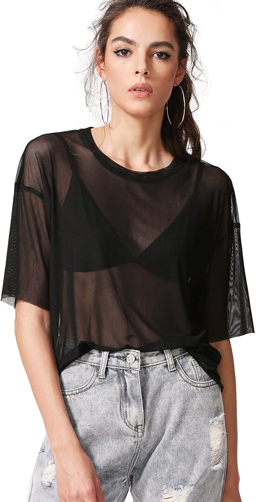 MakeMeChic Women's Summer Half Sleeve Tops See Through Mesh Sheer Sexy T Shirt Blouse | Amazon (US)