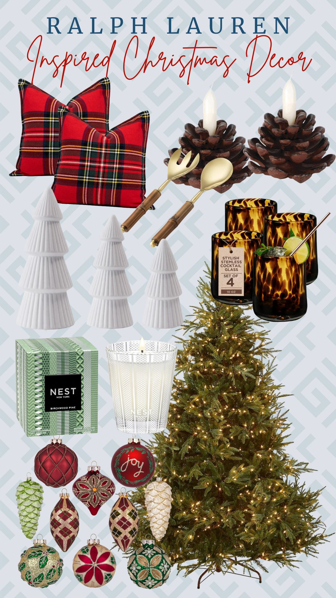Add a touch of Ralph Lauren sophistication to your holiday home. Get yours.
classic scented candles, cone Christmas decoration, serving spoon and fork set with wooden handle, tortoise leopard print brown glass, glass Christmas ornaments, pinecone candlestick stand, pre-lit Christmas tree, classic plaid throw pillow 

 #LTKHoliday #LTKSeasonal #LTKHome