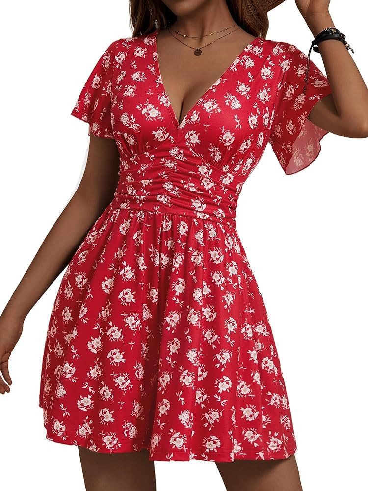 ZABERRY Women's Back Lace Up Floral Rompers with Pockets Short Ruffle Sleeve Summer Jumpsuits Wid... | Amazon (US)