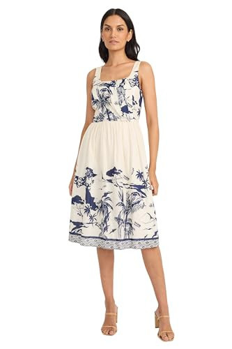 Maggy London Women's Square Neck Sleeveless A-Line Midi-Thick Strap Gathered Waist-Summer Wedding Guest Dress, Ivory/Navy | Amazon (US)