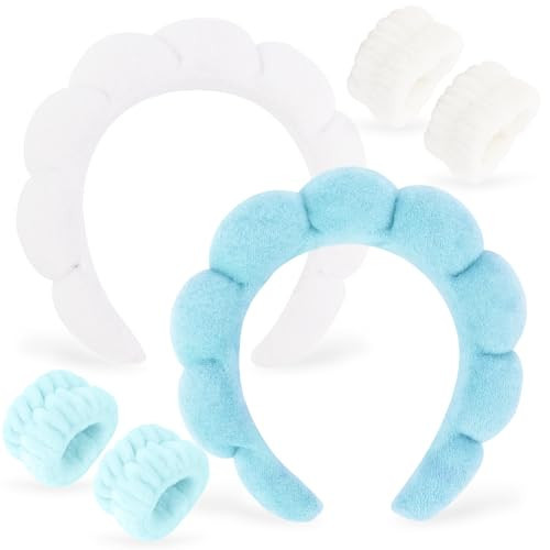 AHONEY 2 Set Spa Headbands for Washing Face and Wristband Set, Skin Care Headband Sponge Facial Skincare Headbands Terry Cloth Puffy Makeup Accessories for Women Girls (Blue&White) | Amazon (US)