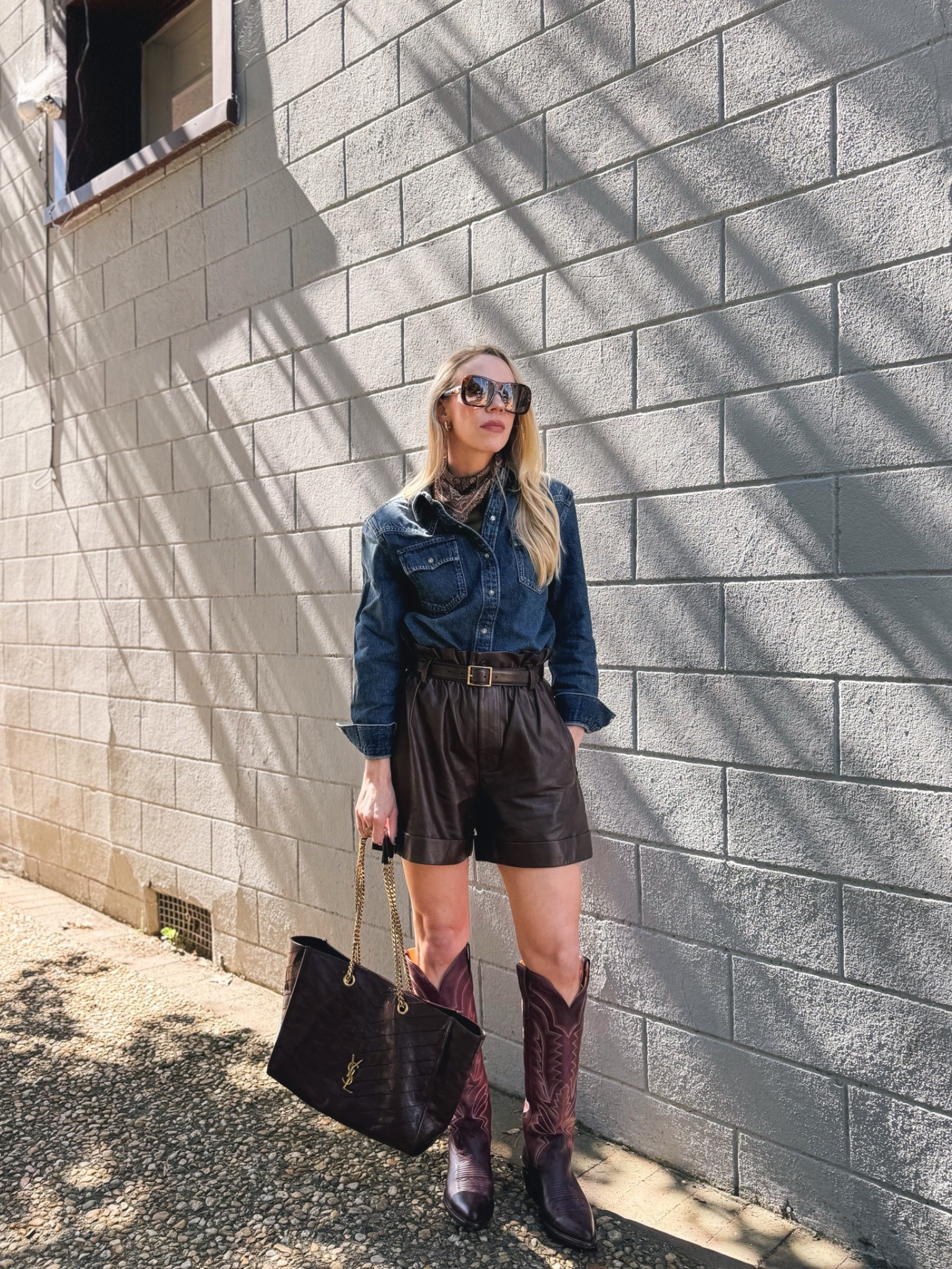 Western fall outfit, @levi denim shirt, paisley silk scarf, brown leather shorts, @Tecovas burgundy cowboy boots

#LTKSeasonal #LTKOver40 #LTKSaleAlert