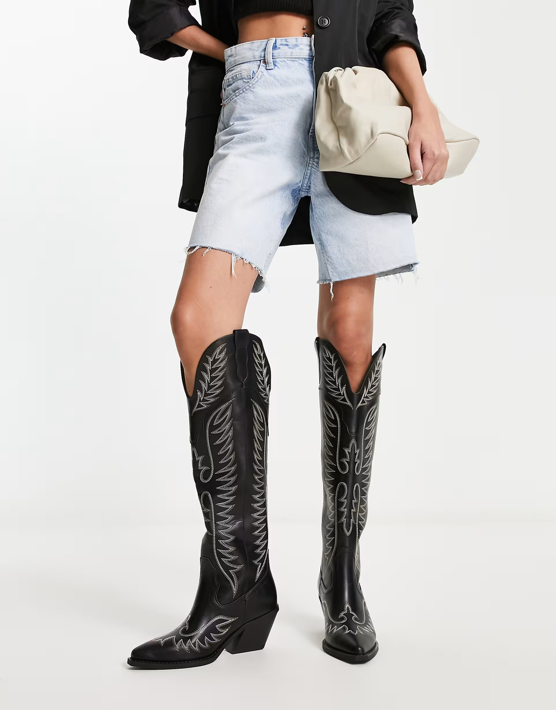 ASOS DESIGN Chester contrast stitch western knee boot in black | ASOS (Global)