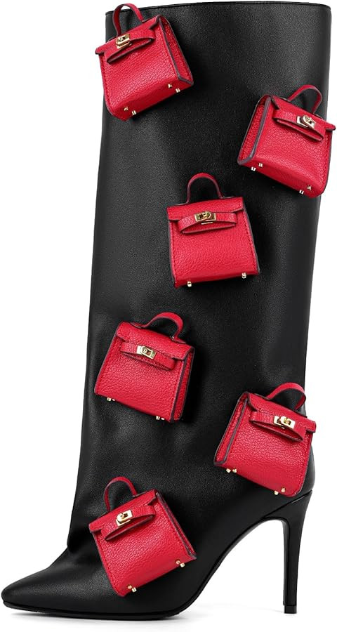 onlymaker Women's Knee-High Fashion Boots Pointed-Toe Stiletto Heel Red Mini Bag Embellished | Amazon (US)