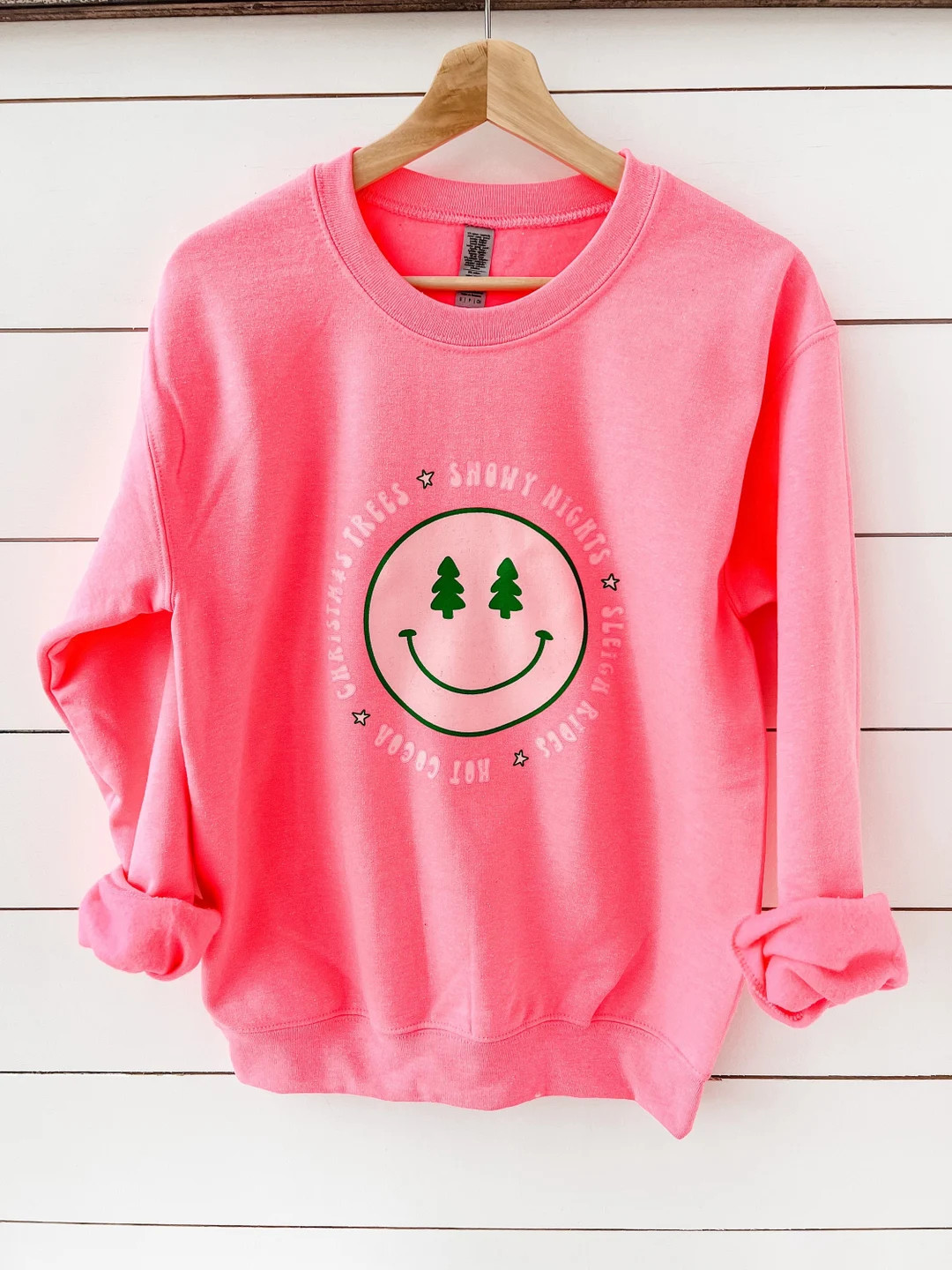 Hot Pink Smiley Face Christmas Crewneck | Woman's Sweatshirt | Christmas Clothing | Etsy (US)