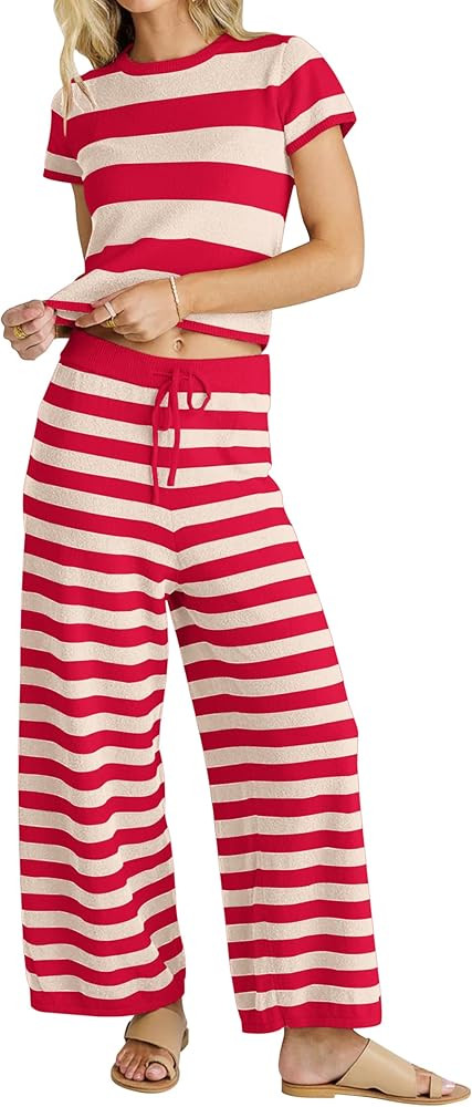 MISSACTIVER Women's Striped Two Piece Sweater Outfits Short Sleeve Pullover Tops and High Waisted... | Amazon (US)
