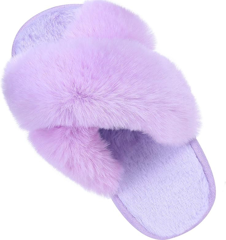 Girl's Soft Plush Lightweight House Slippers Non Slip Cross Band Slip on Open Toe Cozy Indoor Out... | Amazon (US)