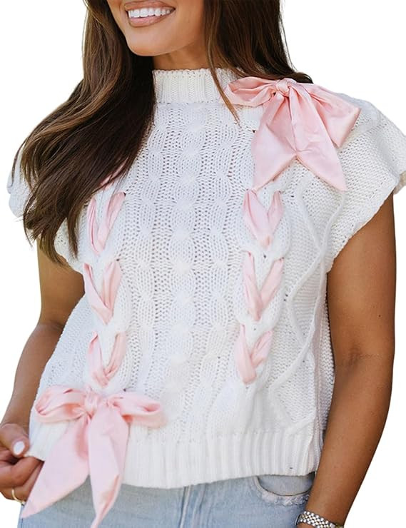 Ecosunny Women's Casual Crewneck Short Sleeve Pullover Sweater Bowknot Shirts Loose Tunic Cable K... | Amazon (US)