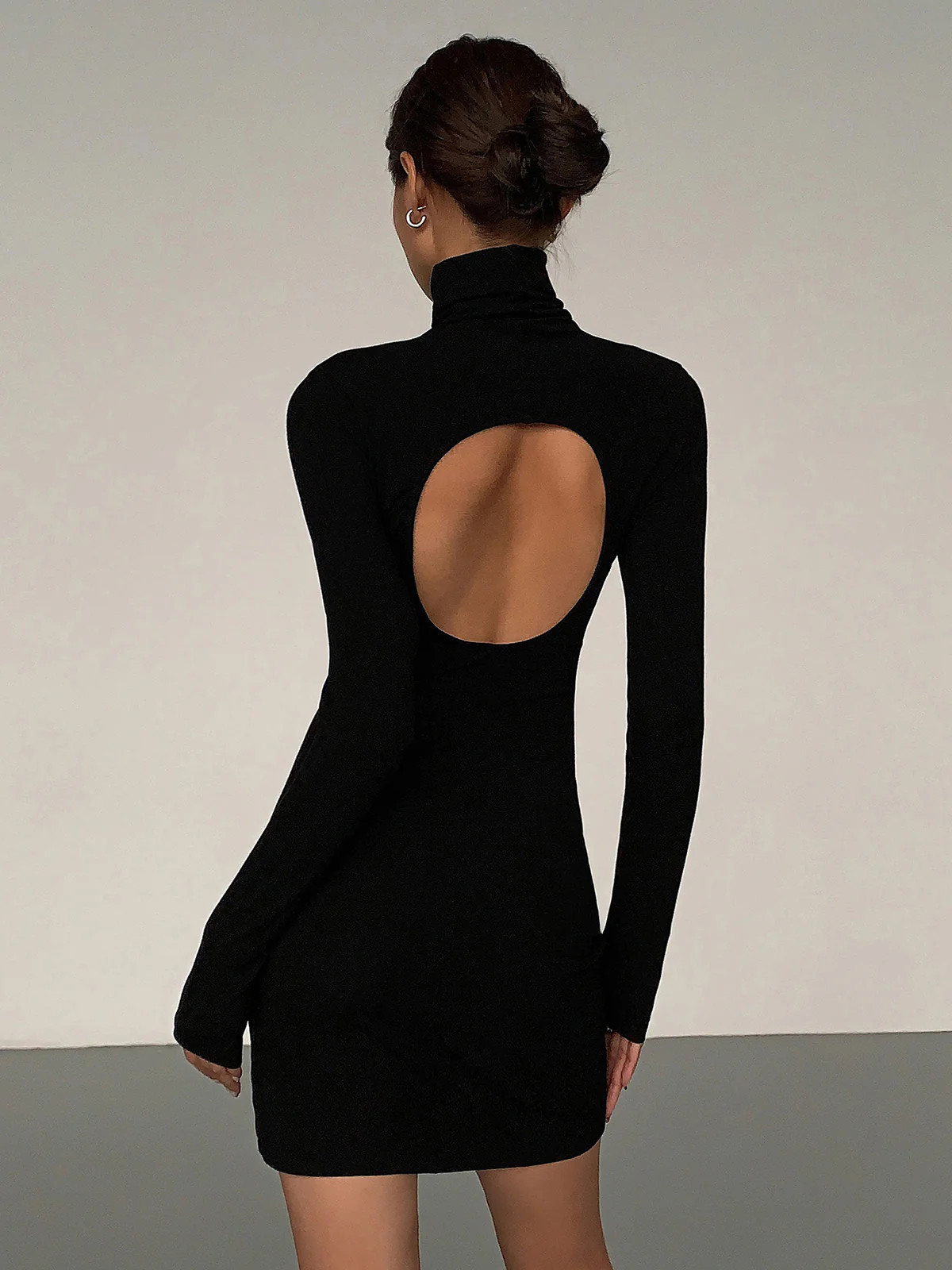 Turtleneck Open Back Long Sleeve Short Dress | Commense