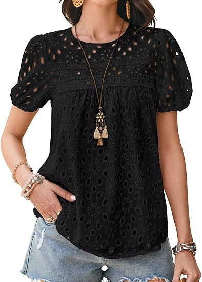 Womens Summer Tops Crewneck Short Sleeve Shirts Casual Babydoll Chiffon Blouses Eyelet Flowy Lace... | Amazon (US)