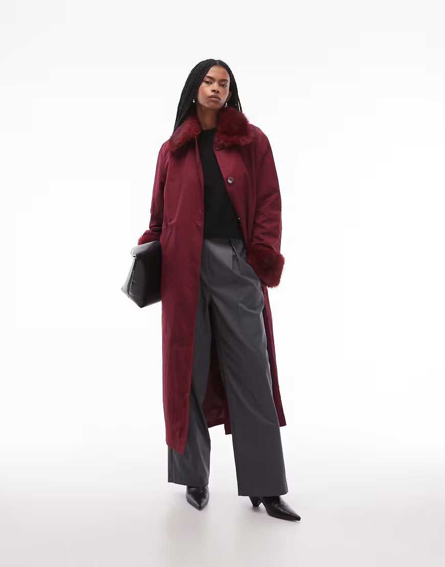COLLUSION longline faux fur trim trench coat-Red | ASOS (Global)