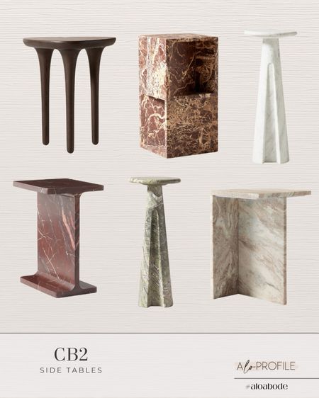 Side Tables // neutral side tables, organic side tables, burl wood table, modern table, cb2 furniture, living room furniture, family room furniture, white side tables, marble side tables