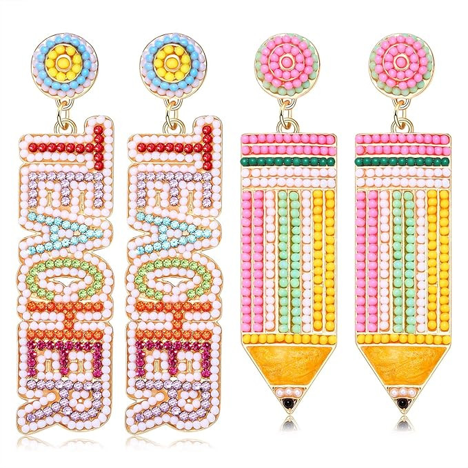 NLCAC 2 Pairs Teacher Earrings for Women Beaded Teacher Pencil Drop Dangle Earrings Back To Schoo... | Amazon (US)