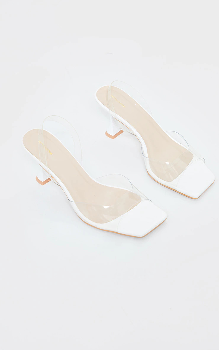 White Low Cake Stand Square Toe Clear Strap Slingback Heeled Sandals | PrettyLittleThing US