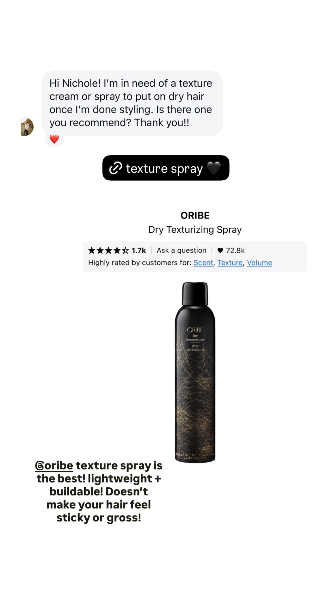 @oribe texture spray is the best! lightweight + buildable! Doesn’t make your hair feel sticky or gross!