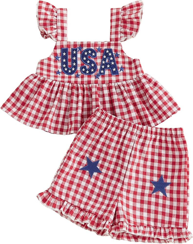 Toddler Baby Girl 4th of July Outfit american Flag Fly Sleeve Smocked Tops Shorts Set Summer Four... | Amazon (US)