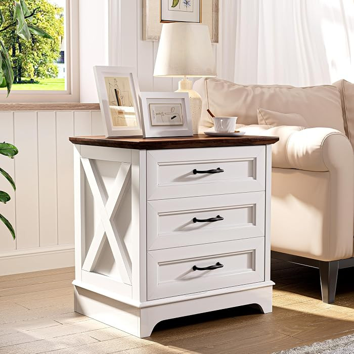 Nightstand with Drawers - 22.44" Wide End Table with 3 Large Drawers & Bar Handles, Small Rustic ... | Amazon (US)