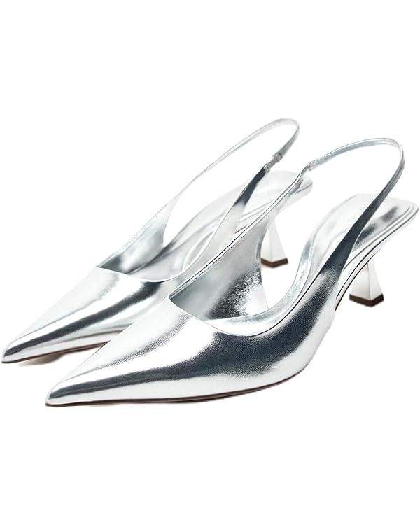 MRKEWUNEY Fashion Silver Slingback Pumps Shoes for Women Pointed Toe Kitten Heels | Amazon (US)