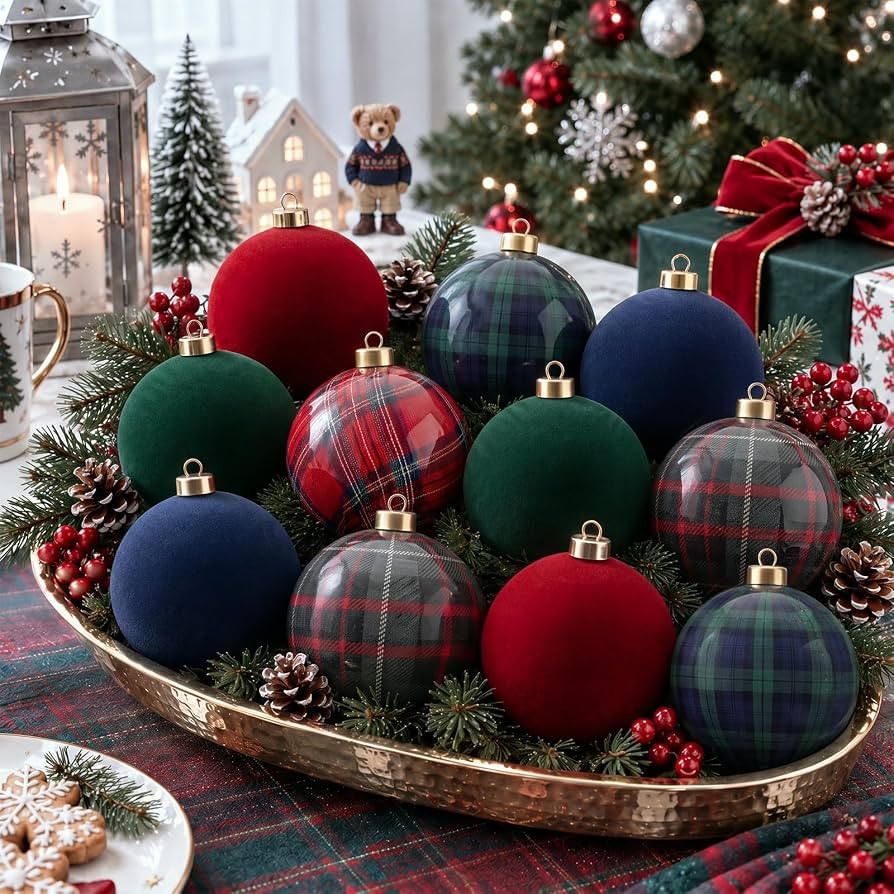 Blueweenly 12 Pcs Vintage Christmas Ball Ornaments 2.4'' Plaid Velvet Ball | Amazon (US)