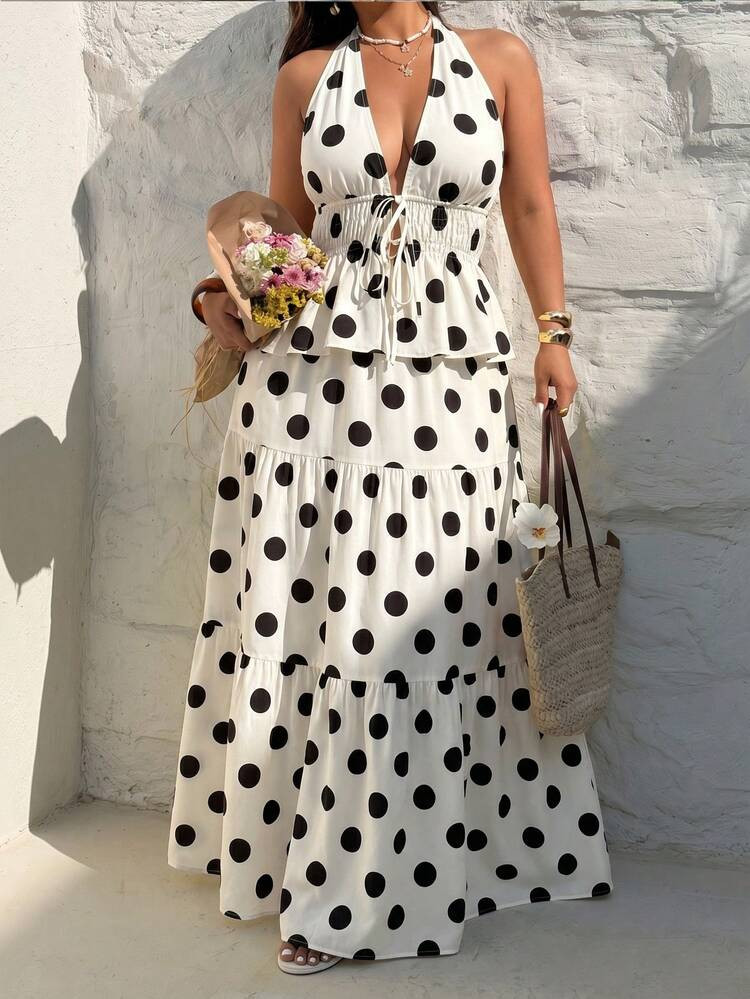 Elenzga Plus Size Women's Elegant Vacation Deep V Polka Dot Print Halter Shirt And A-Line Skirt 2-Piece Set, Spring/Summer | SHEIN