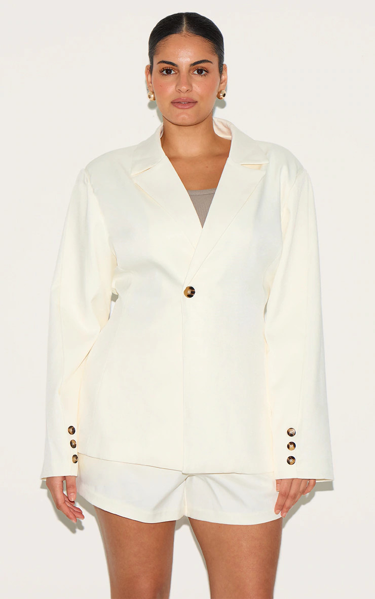 Plus Cream Tailored Woven Cinch Waist Blazer | PrettyLittleThing US