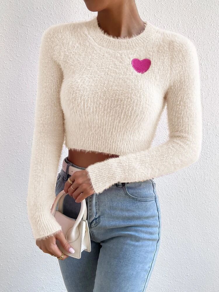 Heart Embroidery Crop Sweater | SHEIN