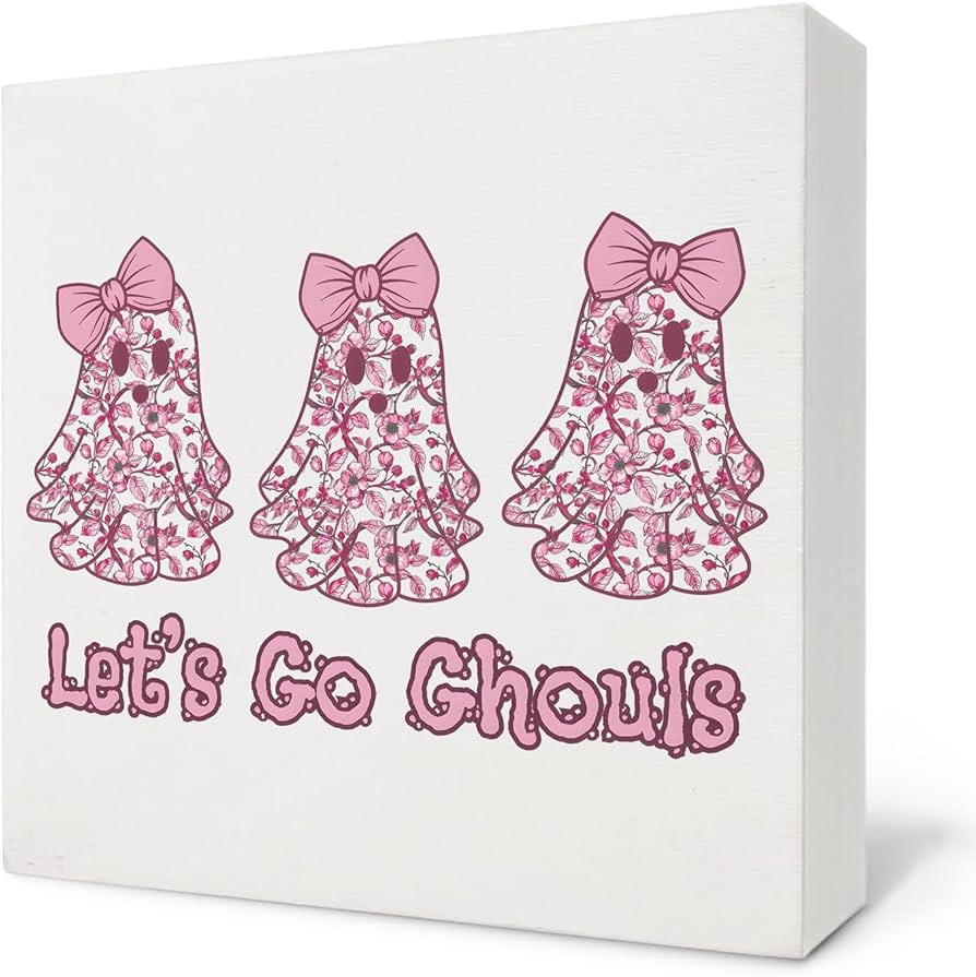 Pink Halloween Ghosts Sign, Coquette Halloween Pink Bow Floral Ghost Wooden Box Sign, Let's Go Gh... | Amazon (US)