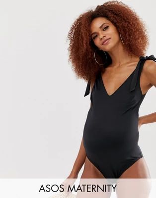 ASOS DESIGN Maternity recycled bunny tie shoulder swimsuit in black | ASOS US