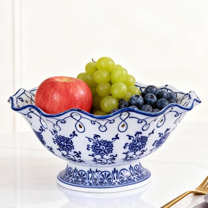 Blue and White Decorative Fruit Bowl for Kitchen Counter - 9.5" Large Ceramic Fruit Pedestal Bowl... | Amazon (US)