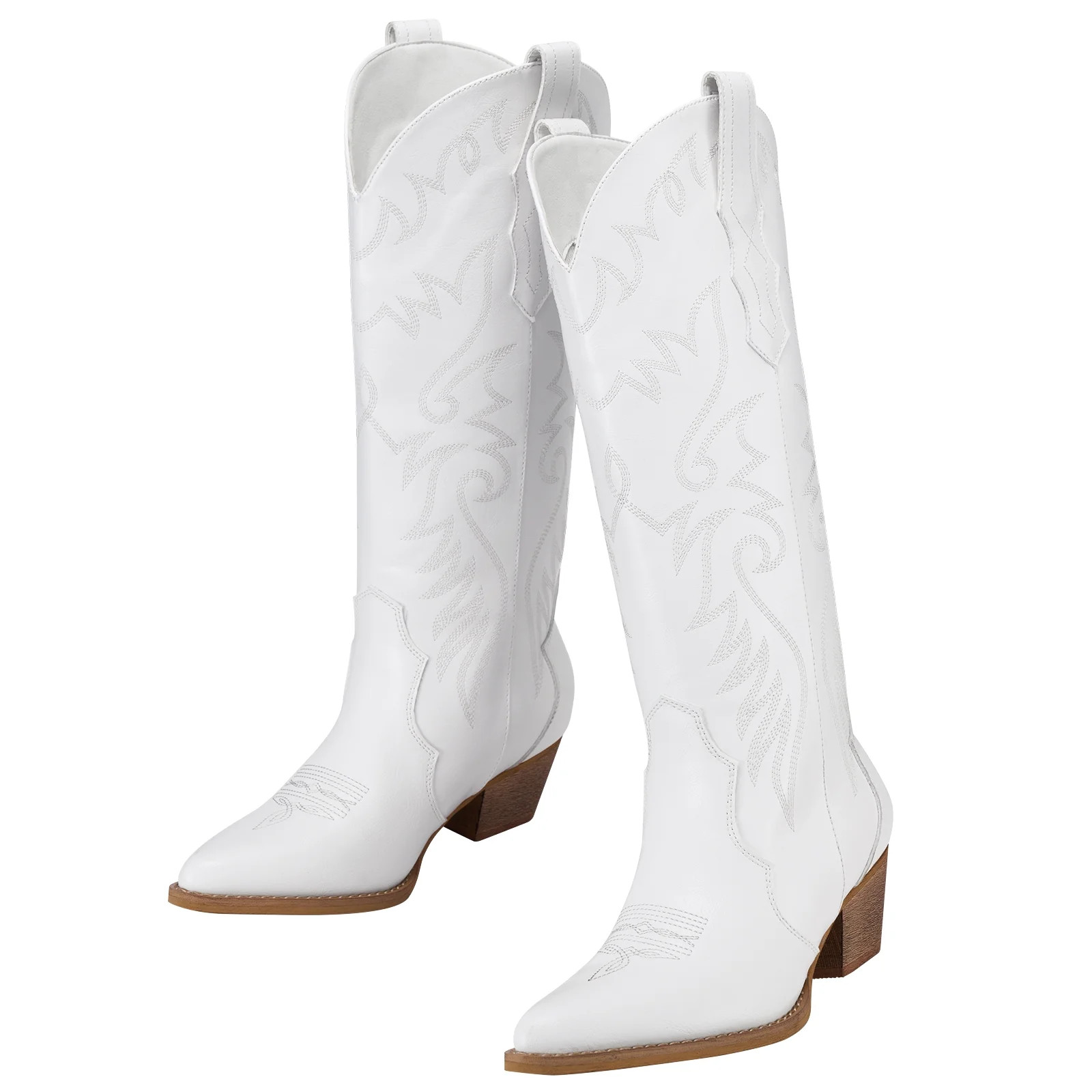 Rollda Cowboy Boots for Women Embroidered White Cowgirl Boots Knee-High Western Boots with Chunky... | Walmart (US)
