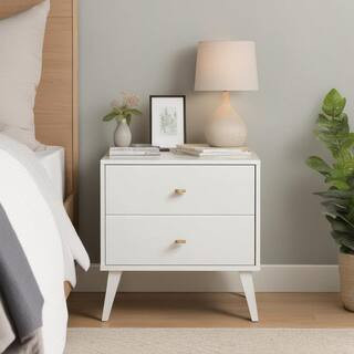 Prepac Milo Mid-Century Modern White 2-Drawer 25 in. W Contemporary Nightstand Side Table, Night ... | The Home Depot
