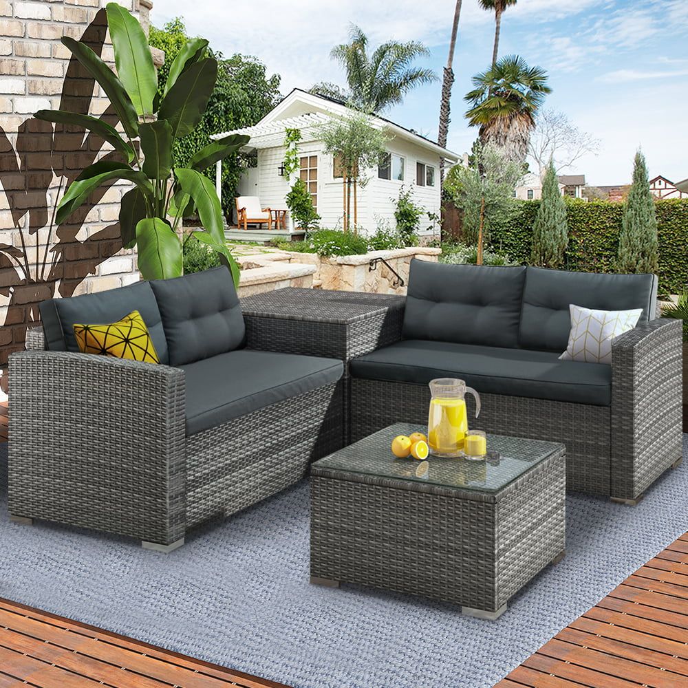 Rattan Patio Sofa Set, 4 Pieces Outdoor Sectional Furniture, All-Weather PE Rattan Wicker Patio C... | Walmart (US)