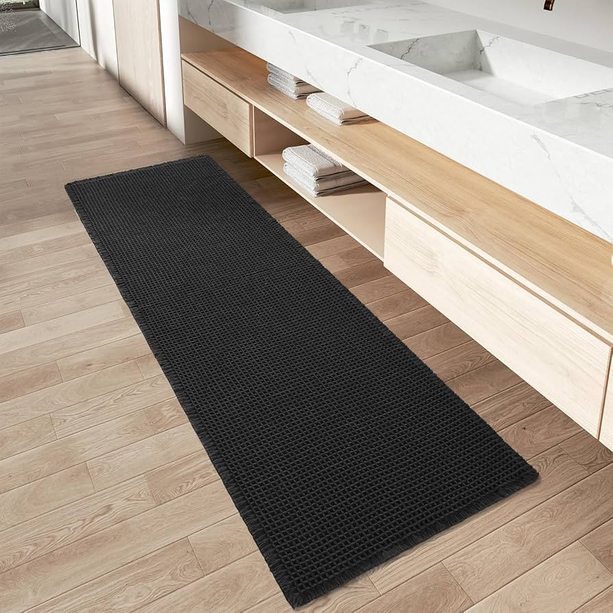 AMOAMI Upgraded Waffle Runner Rug Super Absorbent Non Slip Bath Mats for Bathroom Machine Washable Bathroom Runner Rug with Tassels, Ideal for Hallway Bedroom Laundry Room, 2'x 6'(24" x 72"), Black | Amazon (US)