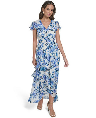Women's Asymmetrical Ruffle V-Neck Maxi Dress | Macy's
