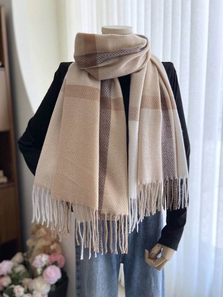 1pc Thick Khaki Scarf For Women, European And American Style Faux Cashmere Plaid Warm Tassel Shaw... | SHEIN