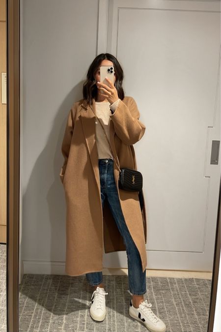 Travel outfit in Boston - Mango camel coat 25% off! 

Camel coat - xs
Lilysilk cashmere sweater small
Everlane jeans sized down 30% off 
Veja sneakers- recommend Nikes as a similar more comfy sneaker

#LTKsalealert #LTKSeasonal #LTKtravel