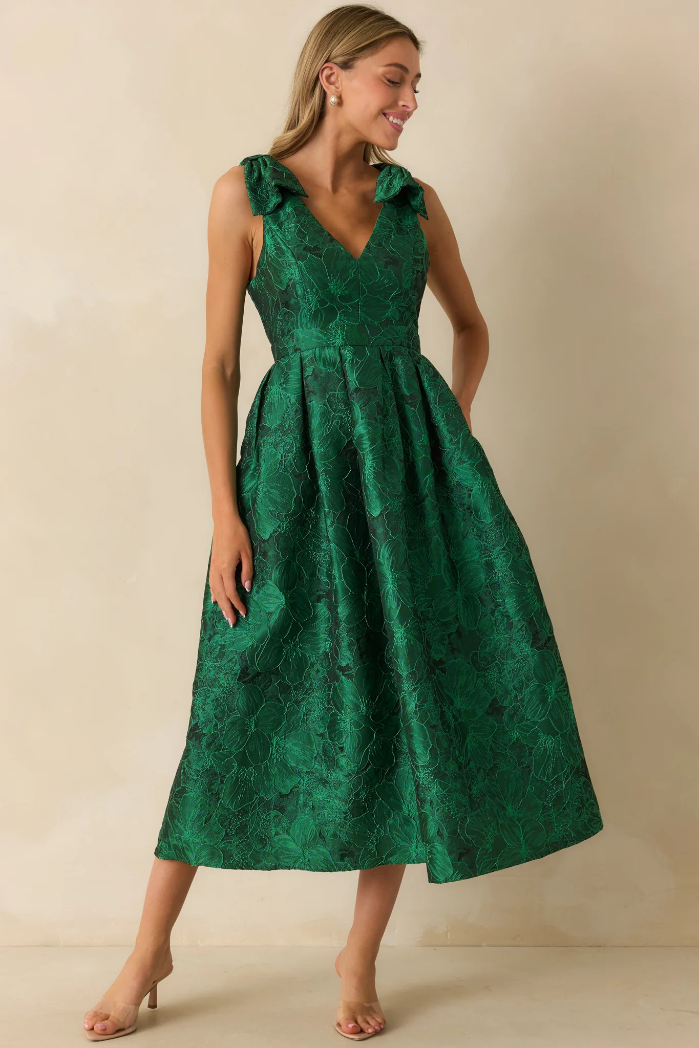 Enchanting Elegance Emerald Green Floral Jacquard Midi Dress | Red Dress