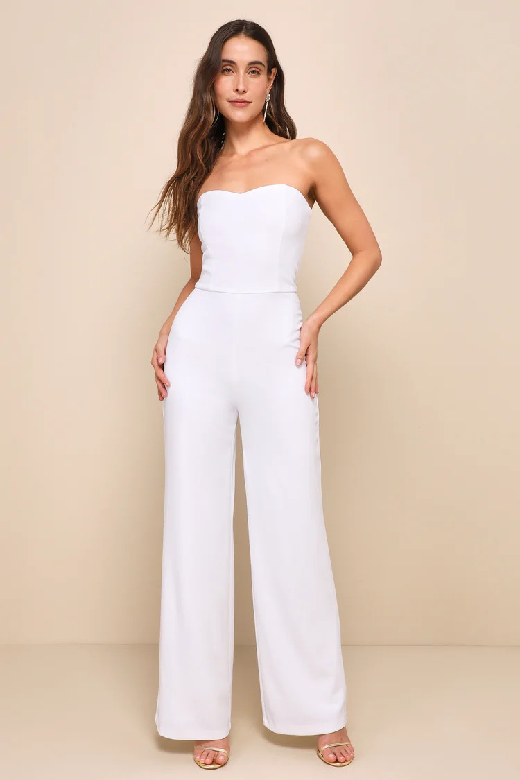 Edith White Strapless Wide-Leg Jumpsuit | Lulus